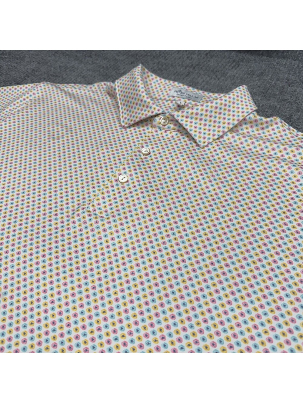 Peter Millar Summer Comfort Polo Shirt Men L Colorful Geometric Performance Golf